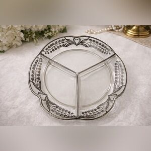 Vintage Sterling Silver Overlay Divided Glass Serving Dish Lily of the Valley